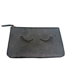 Stella & Dot Eyelash Zipper Pouch Black Faux Leather “Eye Am Strong” Satin Liner